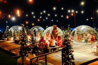 Camp Bobby at Bobby Hotel Nashville – festive rooftop winter experience with heated igloos, snow-covered trees, fire pits, and city skyline views.